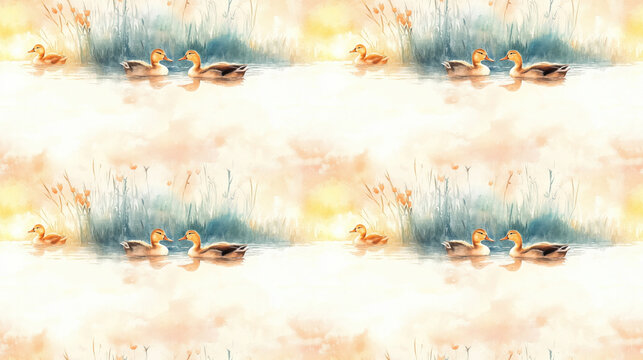 Seamless pattern of watercolor painted wild ducks family gracefully drifting in a tranquil pond at sunset