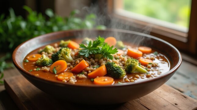 A steaming bowl of vegetable soup with colorful ingredients like carrots, broccoli, and lentils, placed on a rustic wooden table