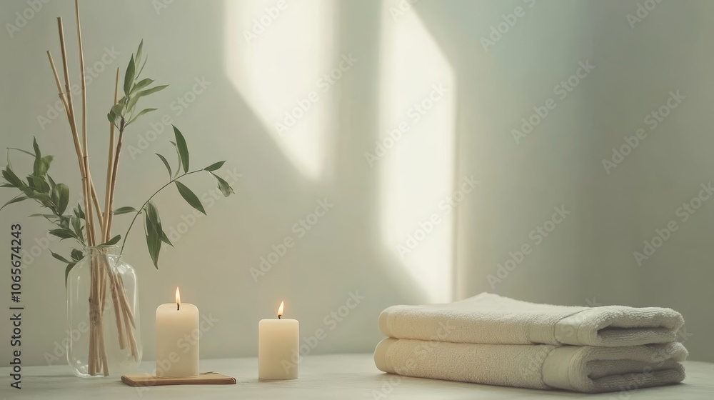 Poster burning candles and clean towels are waiting on the massage table in a spa center, creating a relaxi