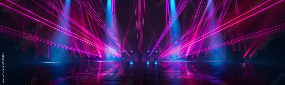 Poster background of empty stage show. neon light and laser show. laser futuristic shapes on a dark backgro