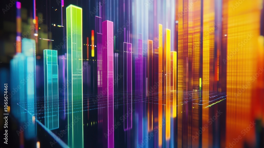 Poster abstract digital visualization with colorful vertical bars and light effects.