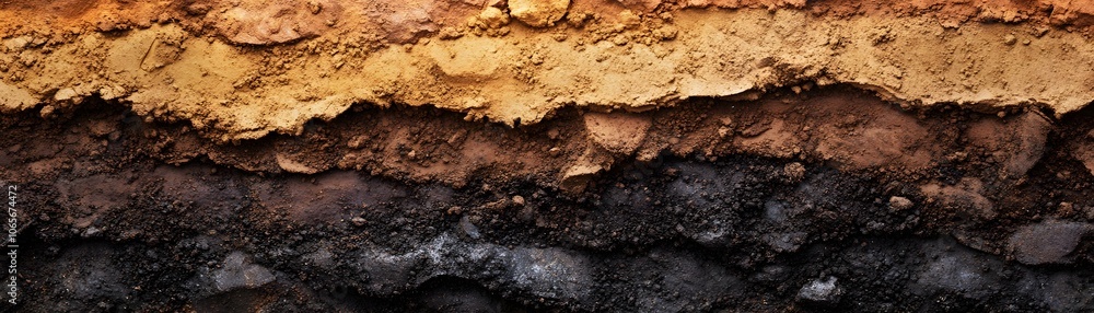 Poster close-up of a soil profile with layers of different colors and textures
