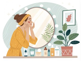 Woman applying hydrating cream to her face in front of a mirror, with various skincare products and a plant in the background. 