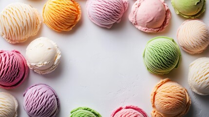 Obraz premium Vibrant circle of rainbow ice cream scoops, a colorful summer dessert treat on white