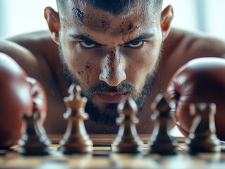 A boxer, with a focused gaze and red gloves, intensely studies chess pieces, reflecting a duality of mental and physical challenges in a gripping arena environment.