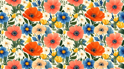 Colorful seamless pattern of vibrant spring and summer flowers on a bright background ideal for a cheerful Mother s Day poster