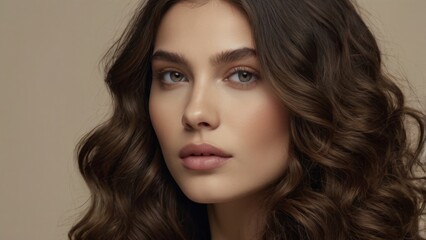 Fototapeta premium Portrait of a woman with voluminous, wavy brunette hair and a subtle makeup look, placed against a neutral background