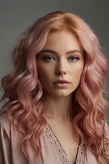 Naklejka premium Portrait of a woman with voluminous, wavy pink hair and a subtle makeup look, placed against a neutral background