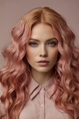 Fototapeta premium Portrait of a woman with voluminous, wavy pink hair and a subtle makeup look, placed against a neutral background