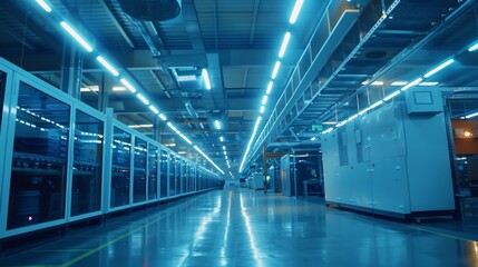 Fototapeta premium Futuristic Data Center Interior, sleek aisles of illuminated server racks under vibrant blue lighting, showcasing advanced technology and efficient design, modern industrial environment.