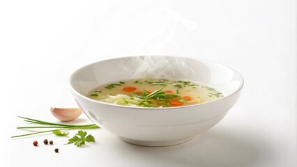 Image of a single bowl of clear vegetable broth, placed in the center of a plain white background, subtle steam rising