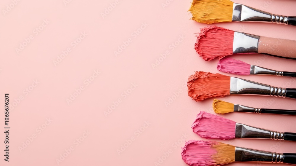 Poster row of paintbrushes with vibrant pink and orange paint, a colorful array of art tools