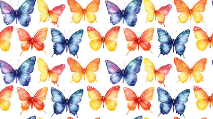 Seamless watercolor butterfly pattern featuring vibrant colors on a white background ideal for fabric design and digital prints