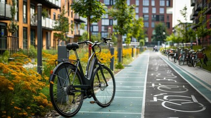 Fototapeta premium Urban cycling paths, sleek bicycle parked amidst vibrant flowers, modern residential buildings lining the street, promoting eco-friendly transportation and community spaces