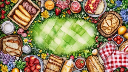 Delightful picnic painting, a vibrant scene of food, drinks, and nature's embrace