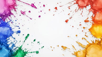Colorful paint splatters on white background, a vibrant abstract art explosion of dynamic textures and hues