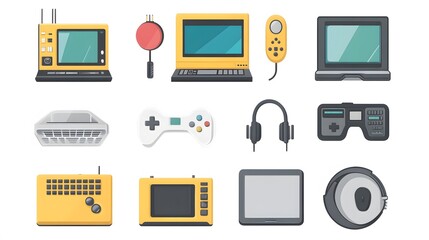 Fototapeta premium Set, Collection of Icons of Electronics, Electrical Products, Computers, Home Appliances, Colorful, on White Background, 9:16 and 16:9 Format