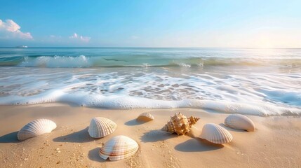 Obraz premium Seashells on a sunlit beach, gentle waves lap against the shore, blue sky stretches above, creating a serene coastal atmosphere perfect for relaxation.