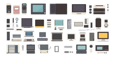 Set, Collection of Icons of Electronics, Electrical Products, Computers, Home Appliances, Colorful, on White Background, 9:16 and 16:9 Format