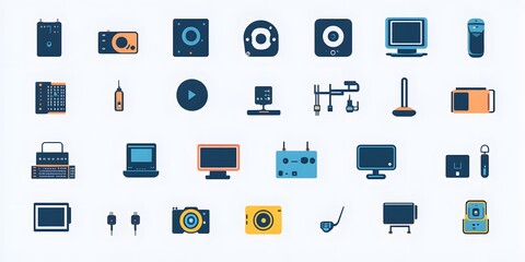 Fototapeta premium Set, Collection of Icons of Electronics, Electrical Products, Computers, Home Appliances, Colorful, on White Background, 9:16 and 16:9 Format