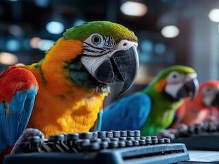 A brightly colored parrot sits on a vintage typewriter in an atmospheric industrial setting, bridging the worlds of nature and human-made creations beautifully.