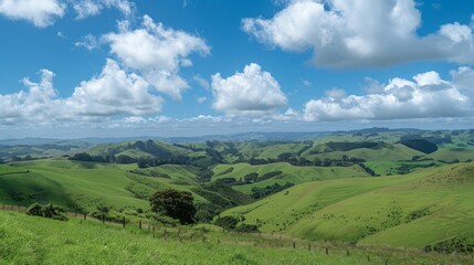 Fototapeta premium Lush Green Valleys Under a Bright Sky, expansive rolling hills adorned with vibrant greenery, fluffy white clouds drift above, a serene countryside landscape inviting tranquility.