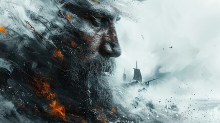 Portrait of a viking with a ship in the background