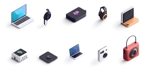 Set, Collection of Icons of Electronics, Electrical Products, Computers, Home Appliances, Colorful, on White Background, 9:16 and 16:9 Format