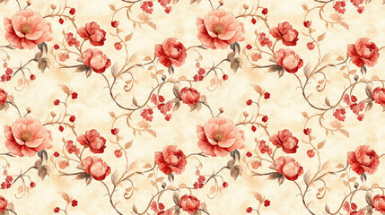 Exquisite seamless watercolor pattern featuring flowering plants and intricate curly designs for textile and home decor applications