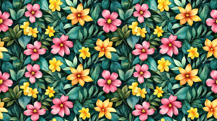 Seamless watercolor pattern featuring vibrant pink and yellow flowers against lush greenery perfect for spring themed designs