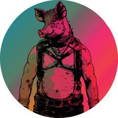 Male pig in leather suspenders and harness. Circular graphic neon drawing (vector)