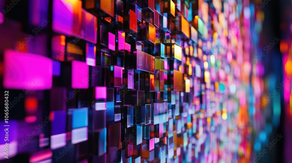 Poster a vibrant, abstract digital wall of colorful, reflective cubes creating a dynamic visual effect.