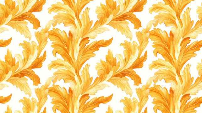 Seamless watercolor pattern featuring stylized golden acanthus leaves ideal for textile design and home decor