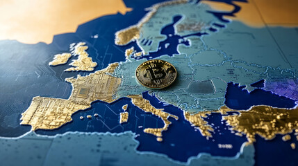 Financial concept with golden Bitcoin, Litecoin and Ethereum over and EU map.Mica Regulation
