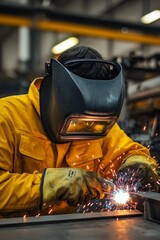 Dynamic Welder Finishing Metal Structure with Bright Sparks in Industrial Workshop