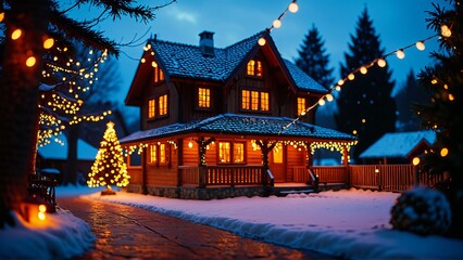 Fototapeta premium Cozy winter cabin with festive lights and snowy landscape