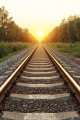 Fototapeta premium Golden Sunset Railroad Track Perspective with Converging Rails and Greenery - Tranquil Travel Concept
