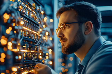 A technician focuses on maintaining server hardware in a dimly lit data center, highlighting glowing components