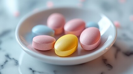 Obraz premium Colorful Pills in a White Dish on a Marble Surface