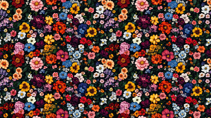 Seamless pattern of vibrant blooming flowers showcased in a lively bouquet against a deep black background perfect for textile design and home decor