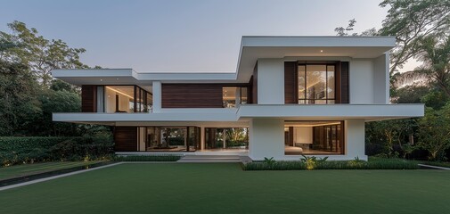 Fototapeta premium Modern Luxury Contemporary Two-Story House Amidst Lush Greenery - Tranquil Architectural Elegance for Real Estate and Interior Design