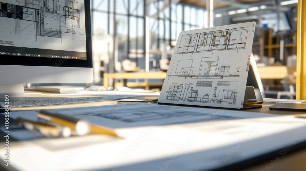 Poster a workspace featuring architectural plans and a computer, emphasizing design and drafting.