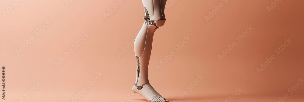 Fototapete A modern prosthetic leg stands upright, demonstrating innovative engineering and aesthetic design, highlighting its functionality and elegance. Generative AI