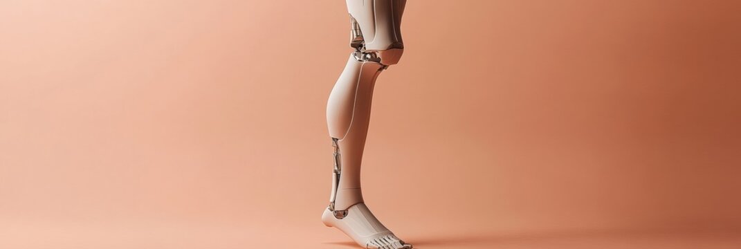 A modern prosthetic leg stands upright, demonstrating innovative engineering and aesthetic design, highlighting its functionality and elegance. Generative AI