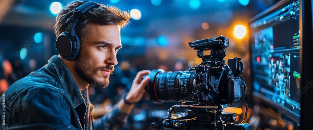Poster a young videographer with headphones looks into the lens of a professional camera while filming a pr