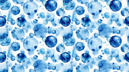Seamless watercolor pattern featuring diverse blue water bubbles in various sizes and tones chaotic design perfect for textile and wallpaper applications