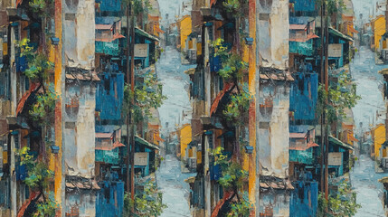 Fototapeta premium Seamless oil painting pattern depicting a quaint alleyway in a residential area showcasing the vibrant charm of Yaowarat district in Bangkok