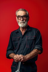Fototapeta premium Experienced Senior Mechanic Holding Wrench Against Red Background for Industrial Themes