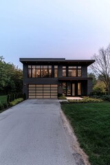 Obraz premium Sleek Modern Black House at Dusk with Minimalist Design, Lush Greenery, and Serene Ambiance for Real Estate and Architectural Concepts