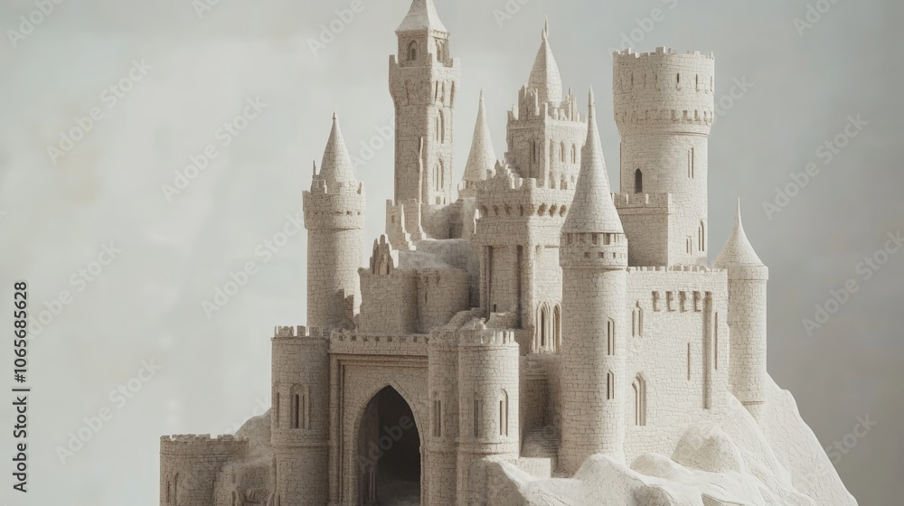 Poster classic stone castle model with minimal shadows on a white background, showing intricate architectur